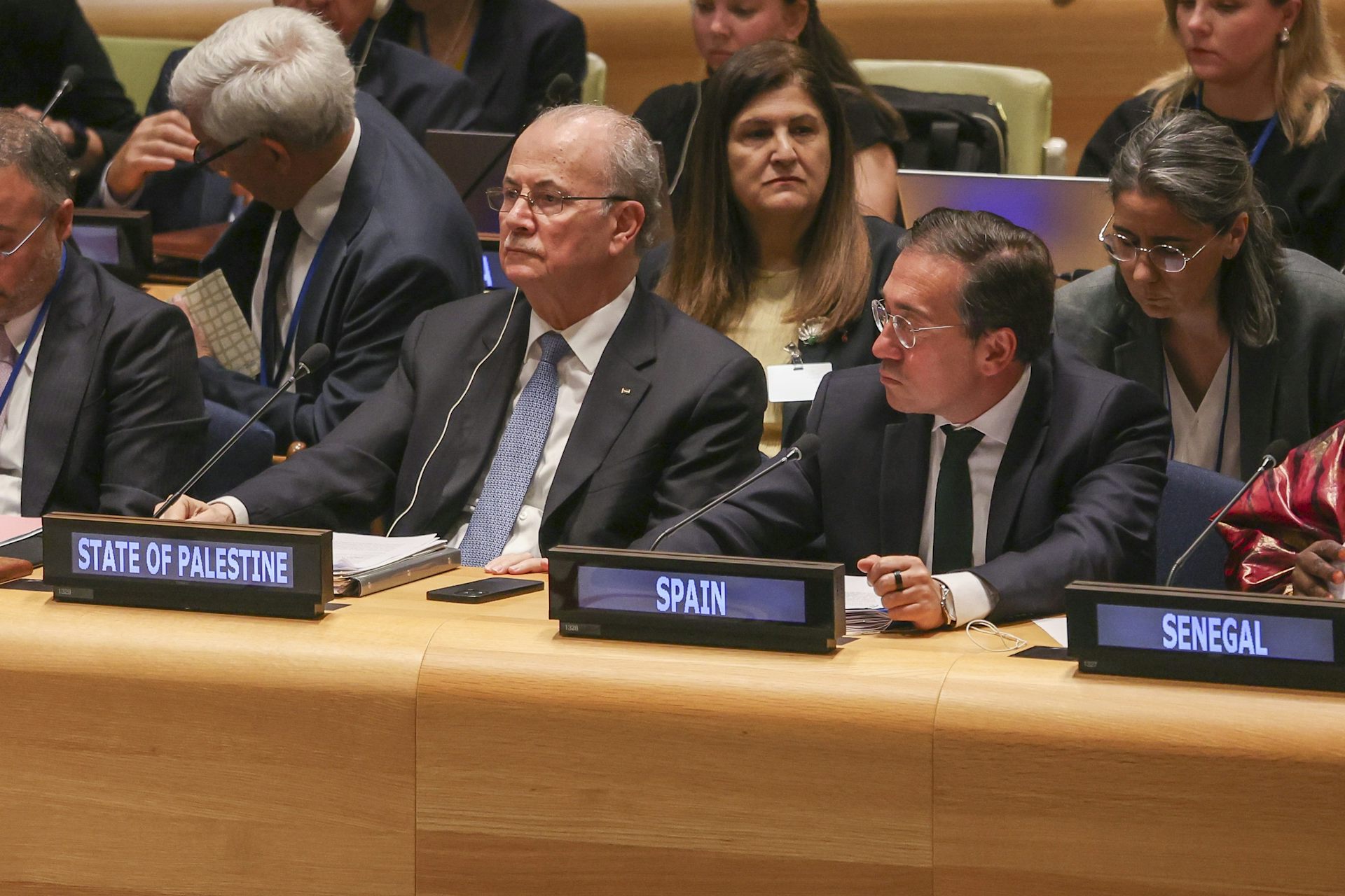 Palestinian prime minister, Mohammad Mustafa sits alongside Spanish Foreign Minister Jose Manuel Albares at the United Nations, July 28 2025.