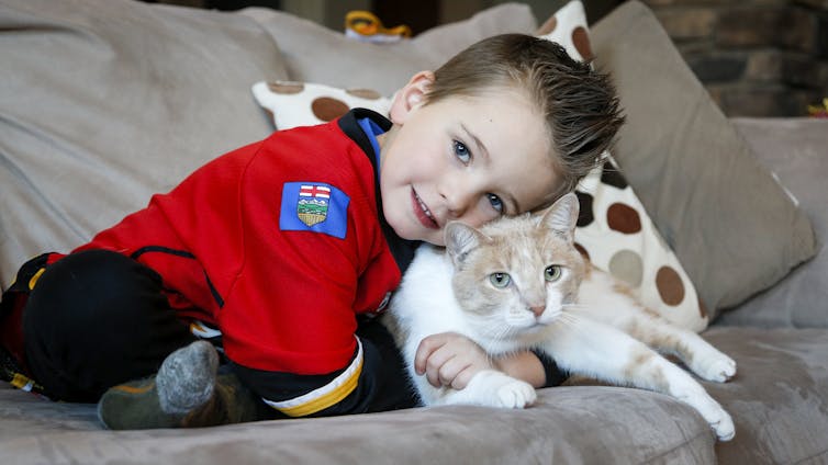 A boy in a red shirt cuddles a white and sandy-coloured cat.