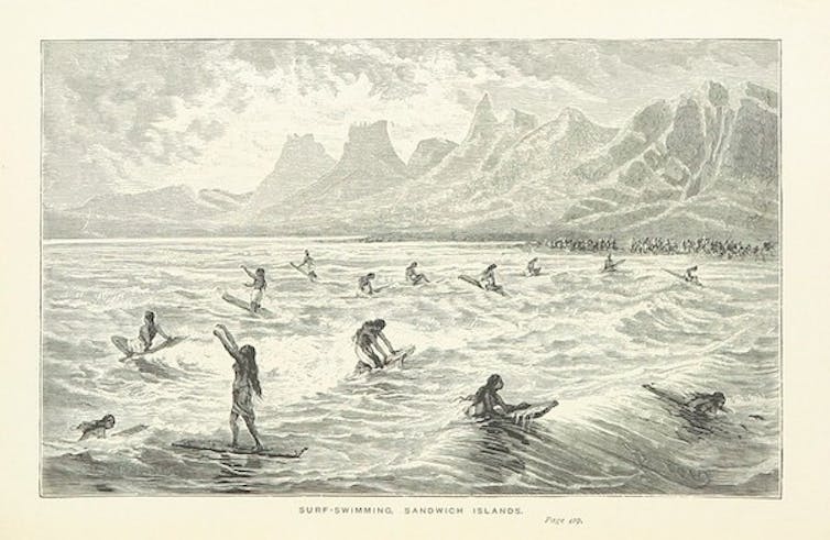 Surf aux îles Sandwich, illustration datant de 1897 issue de l'un des journaux de voyage James Cook.