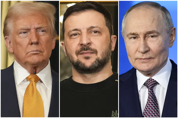 A combination photo show three men, one with orange-ish tinged skin and hair, the other with dark hair and a beard and the third, balding in a dark suit.