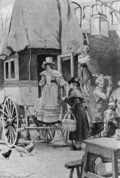 Ilustración de un hombre y una mujer del siglo XIX saliendo de un coche de caballos.
