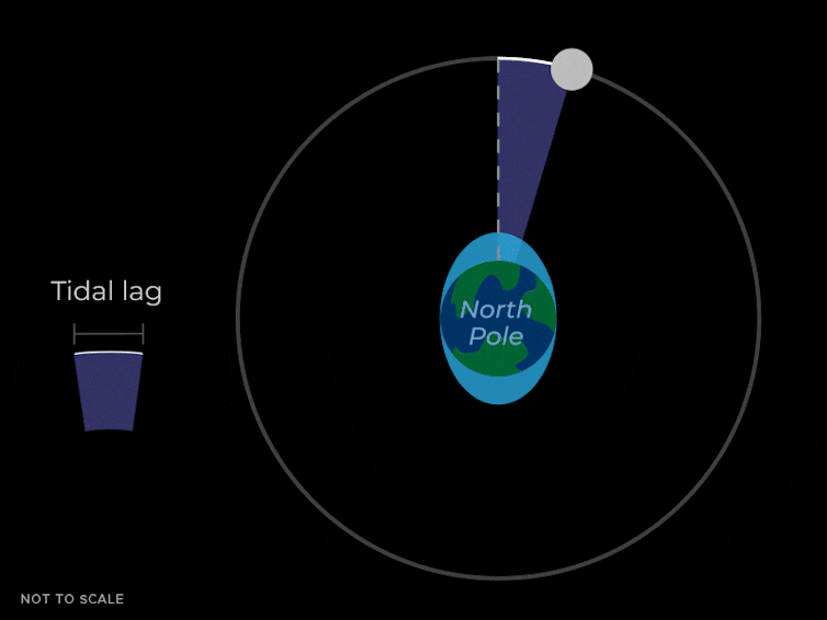 An animation of the moon orbiting the Earth, with two bulges growing and ebbing away