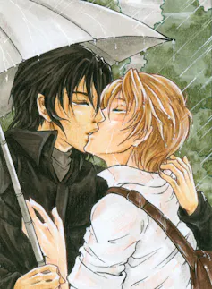 Two young men kiss under an umbrella.