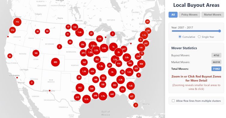 A map shows buyouts in cities scattered across the country.