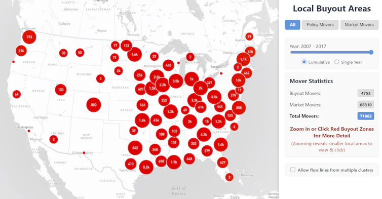 A map shows buyouts in cities scattered across the country.