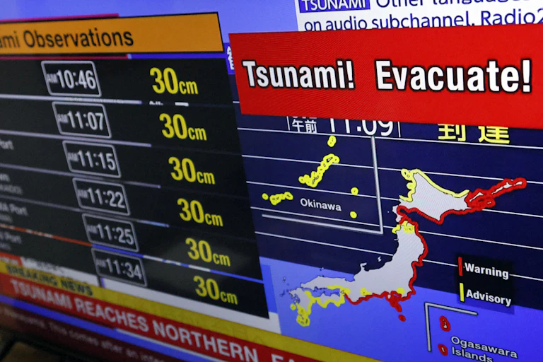 A screen showing wave heights and warning saying Tsunami! Evacuate!