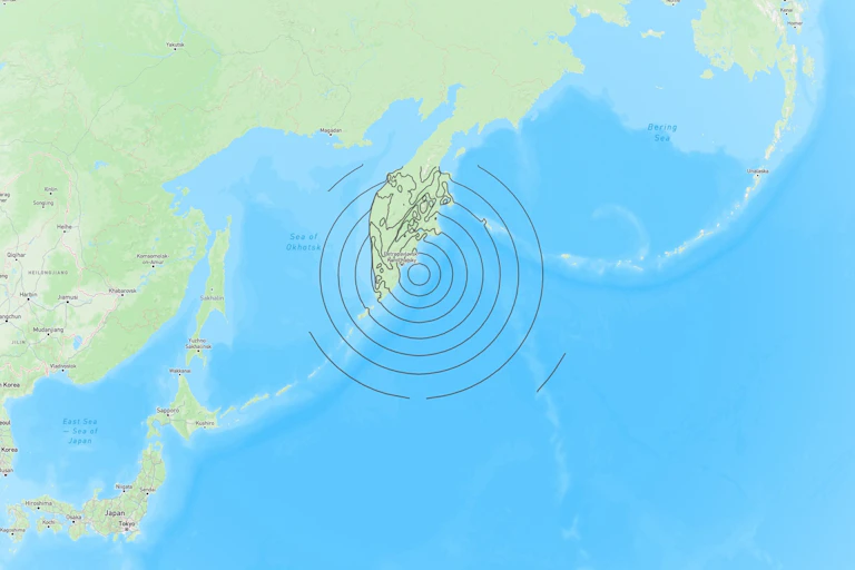 A map showing concentric rings coming off the coast of Kamchatka peninsula.