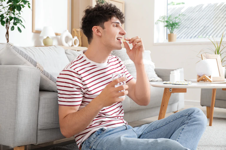 A young man sitting in the floor in front of his couch goes to swallow a pill. He holds a glass of water in his other hand.