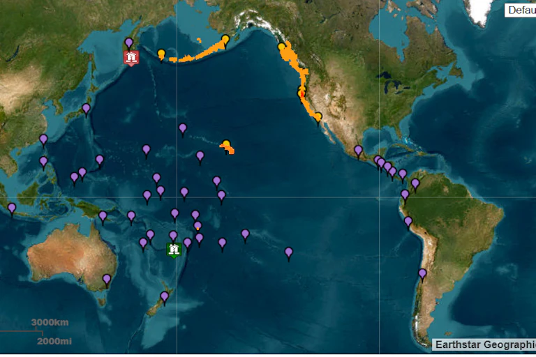 mapa de zonas del pacífico afectadas por el Tsunami