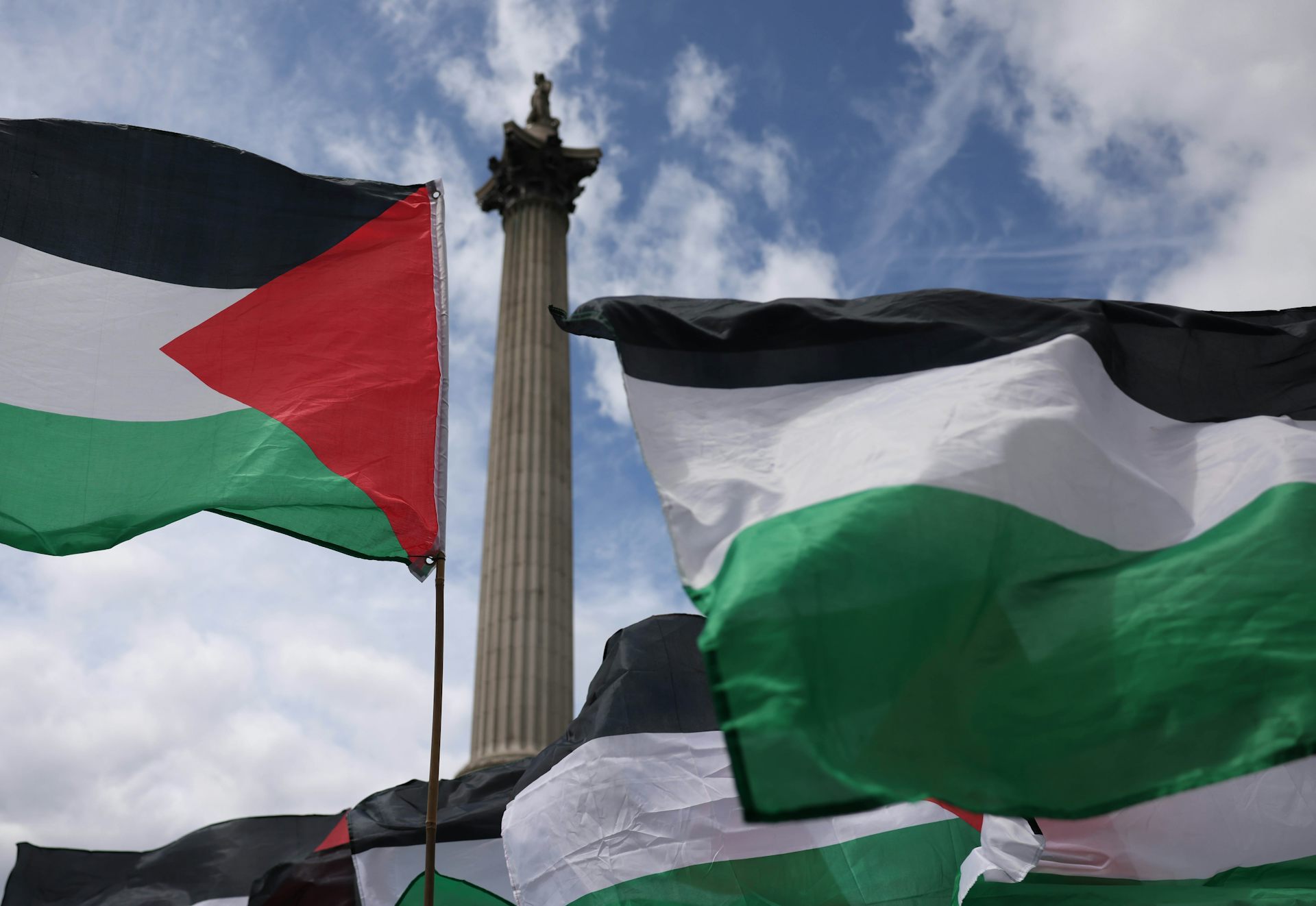 Palestine flags waving against a blue sky at a protest in London