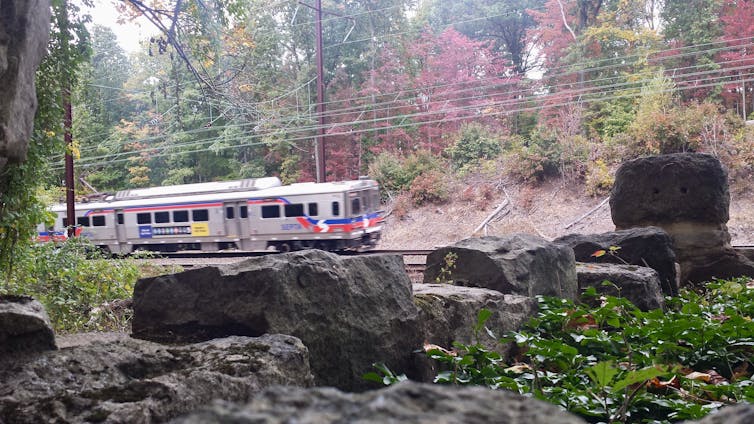 Commuter train passes wooded area with large rocks