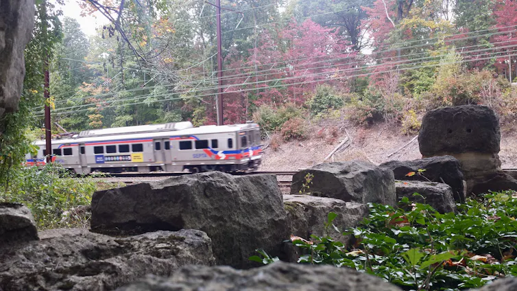 Commuter train passes wooded area with large rocks