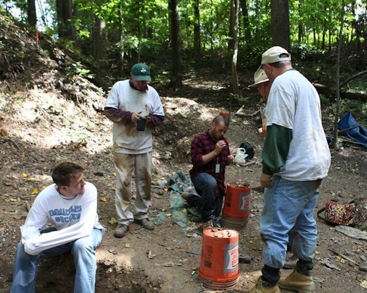 Four men working in wooded area