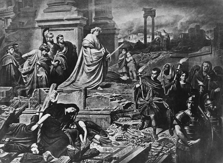 A black-and-white painting shows a person wearing a long robe, with many people dressed in robes surrounding him.