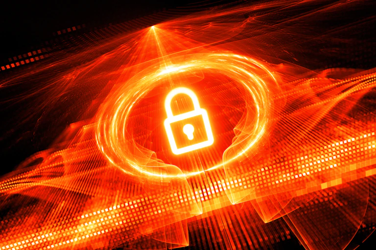 outline of a padlock in the center of a flame-like ring of light