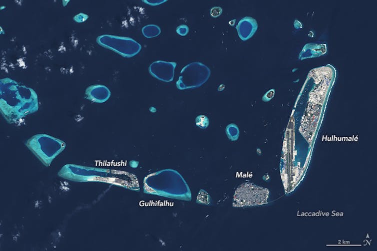 A satellite image of the Maldives islands.