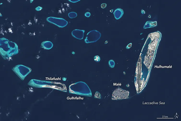 A satellite image of the Maldives islands.