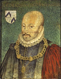 A faded painting of a bald man with a mustache, wearing a white ruff, heavy necklace, and red robe.