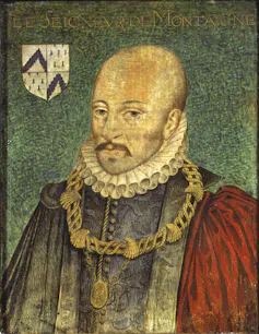 A faded painting of a bald man with a mustache, wearing a white ruff, heavy necklace, and red robe.