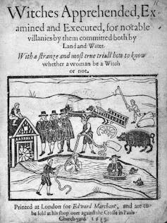 A printed book page labelled 'Witches Apprehended, Examined and Executed,' with a drawing of people submerging a woman in a river.