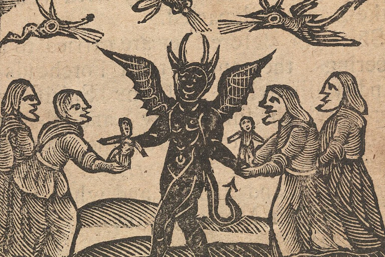 A black and white drawing of a smiling, winged creature with horns, surrounded by four women in dresses.