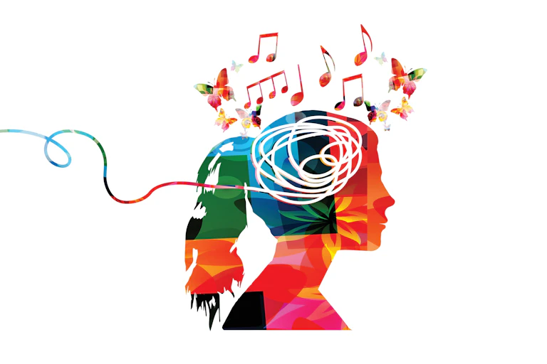 Ilustración de una cabeza de mujer a la que llega un cable y de la que salen notas musicales.