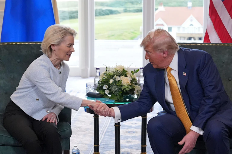 us president donald trump shakes hands with president of the european commission ursula von der leyen at turnberry on july 27