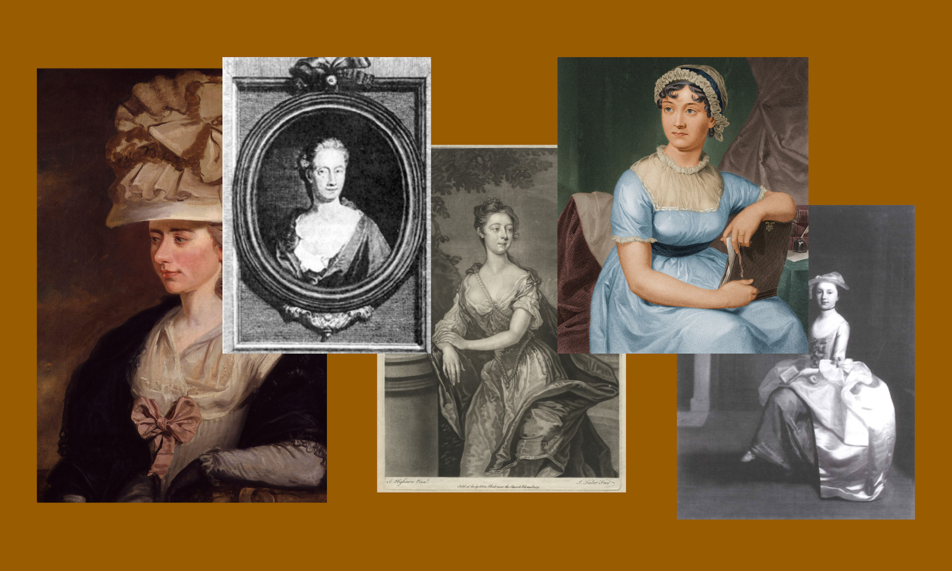 (L-R) Frances Burney, Eliza Haywood, Jane Collier, Jane Austen and Sarah Scott