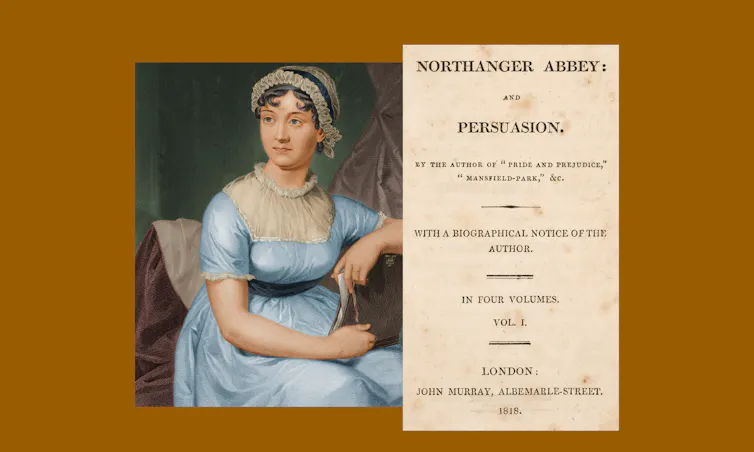 Jane Austen and a page from the publication of Persuasion and Northanger Abbey.
