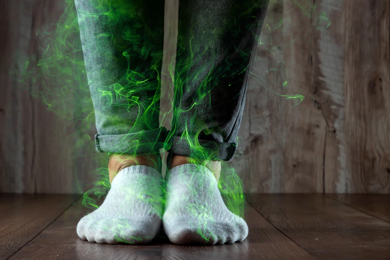 Dois pés com meias emitindo fumaça verde