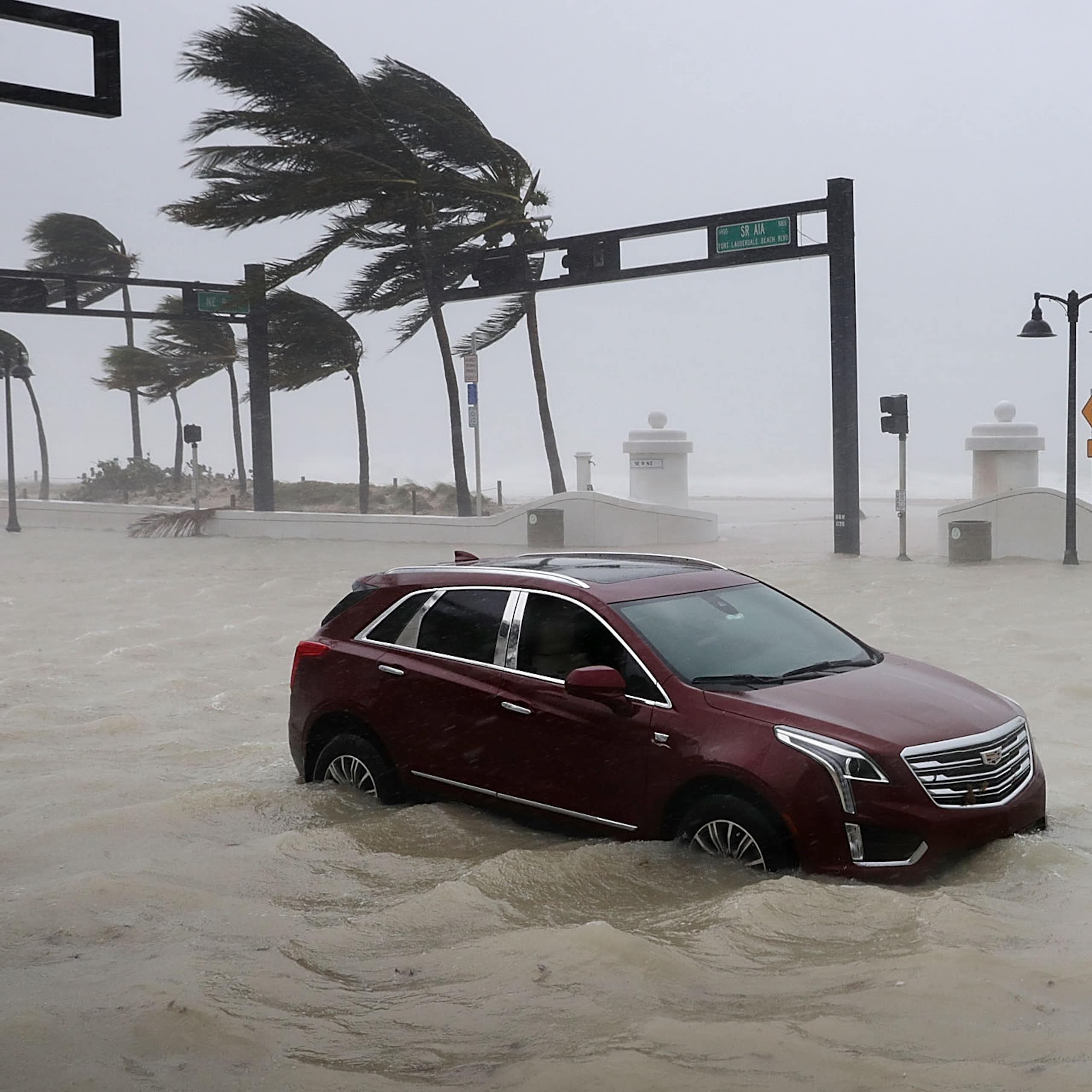 An SUV is stuck in rising flood water as the ocean pours in. Palm trees blow in the hurricane winds.