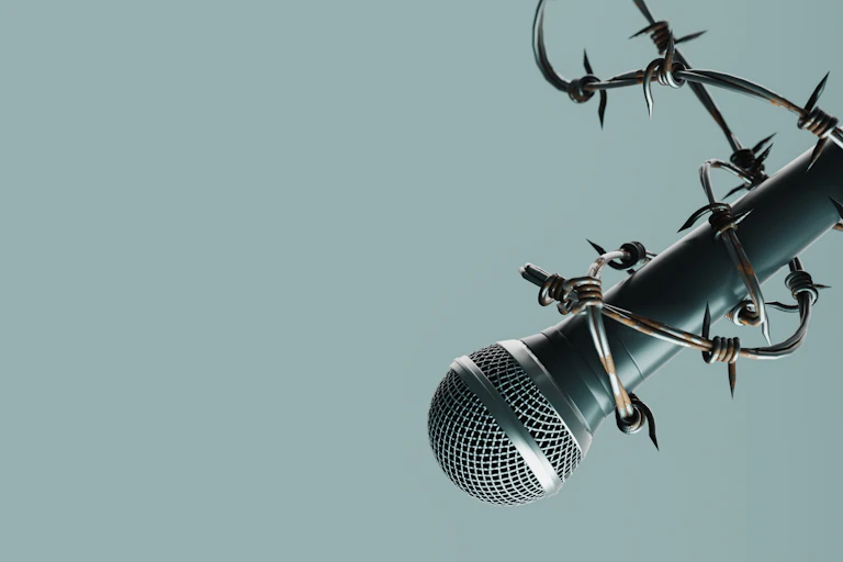 A microphone with barbed wire wrapped around it.