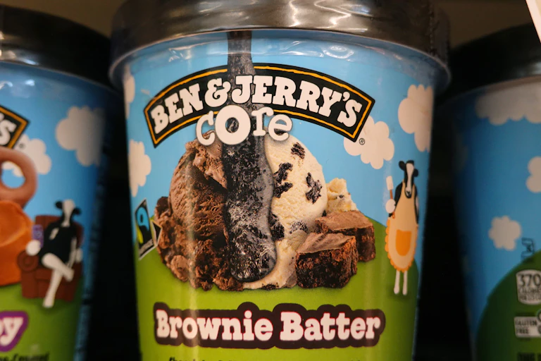 Close up of Ben & Jerry's tub of ice cream.