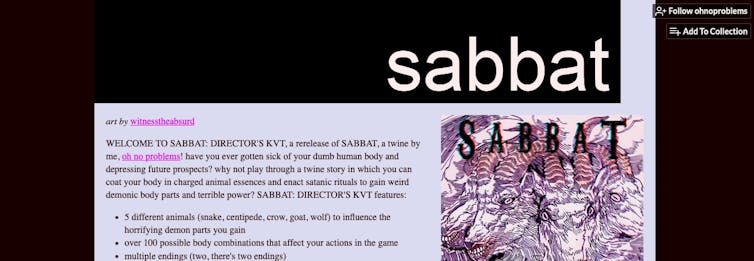 Një screenshot i një faqeje Itch.io duke treguar lojën SABBAT. Përfshin një vizatim të një dhjetë-këmbësh të një dhie.
