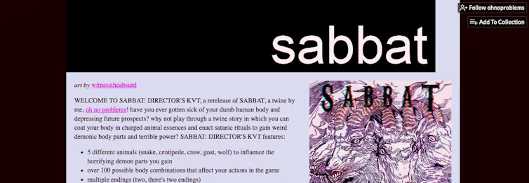 A screenshot of an Itch.io page showing the game SABBAT. Includes a drawing of a four-headed goat.