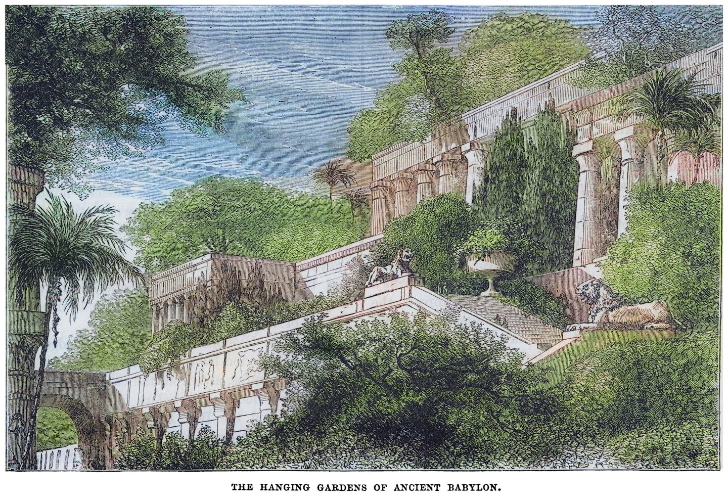 An engraving depicting the hanging gardens of Babylon.