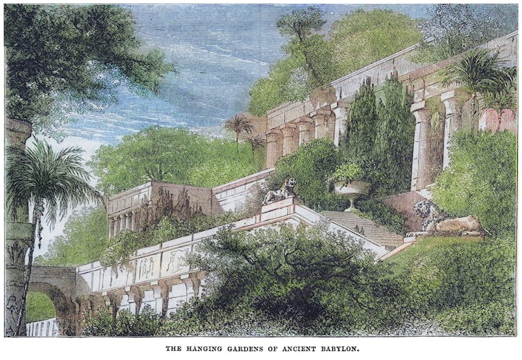 An engraving depicting the hanging gardens of Babylon.