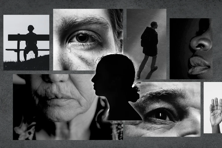 Black-and-white composite of fragmented faces and silhouettes.