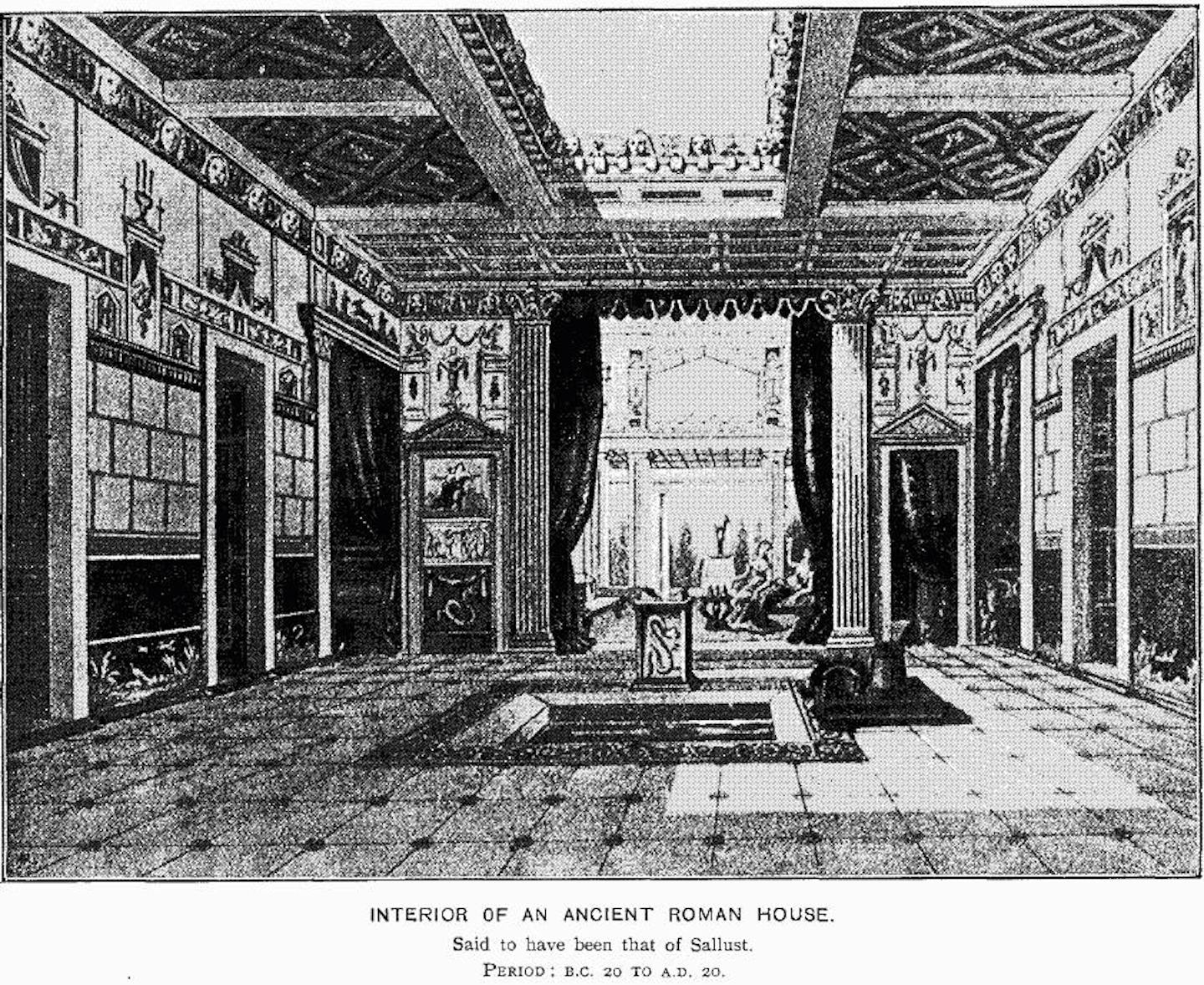 drawing of the interior of an ancient Roman house, tapestries on walls and a large open space