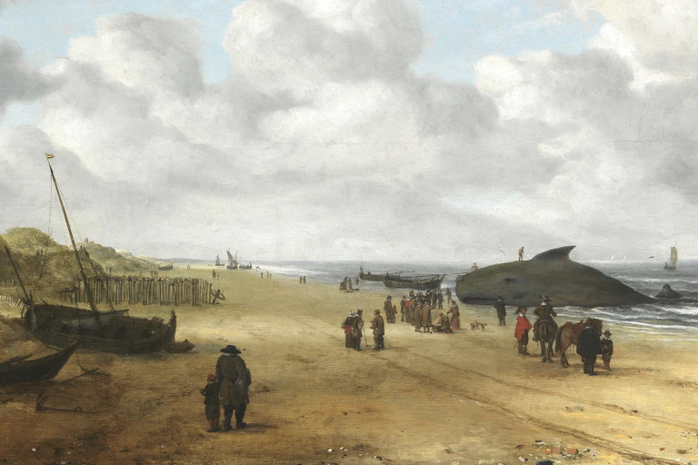 Paining of a whale stranded on a beach