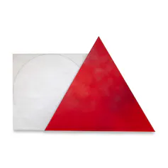 Pintura abstracta con un cuadrado blanco y un triángulo en rojo.