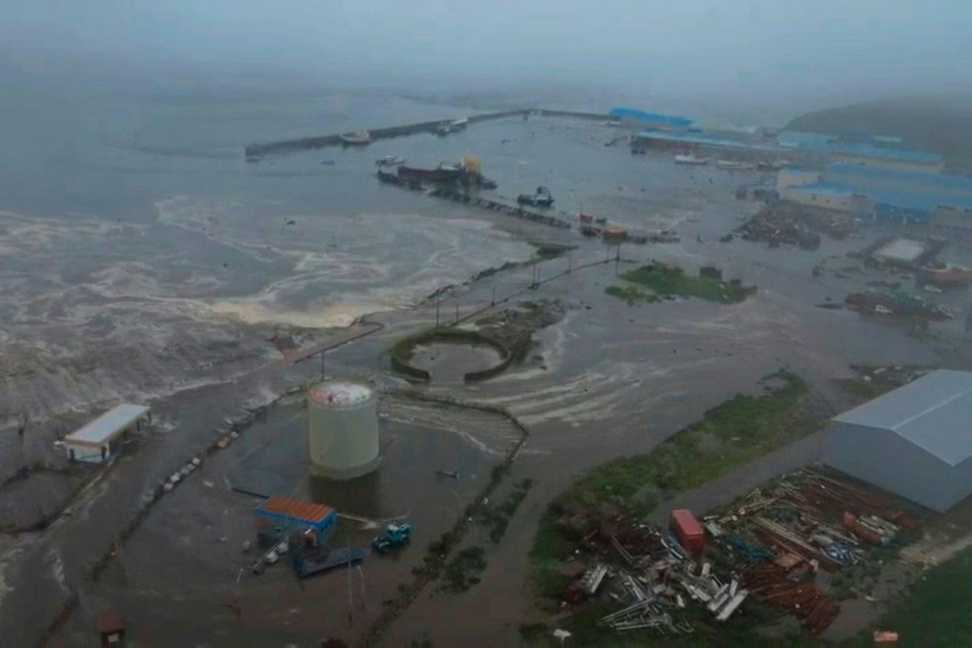 Aerial shot of flooded port