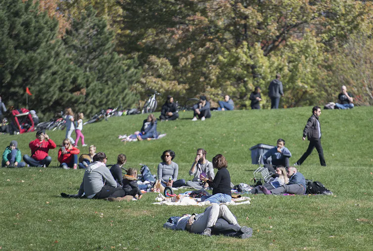 Groups of people sitting in a park.