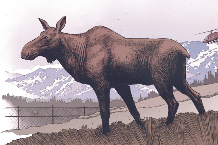 A cartoon illustration of a large brown moose stands on a grassy area as two people in official-looking uniforms look and point as the moose. Mountains and a helicopter are in the background.