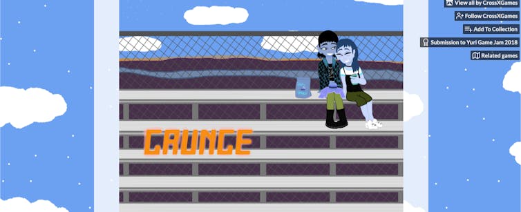 Screenshot of the itch.io page for Grunge. It features a blue sky background. In the foreground is an image of two people seated on bleachers, one leaning on the other. The word GRUNGE appears in the foreground.