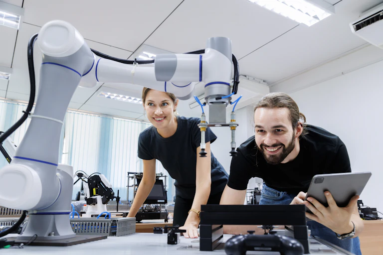 Cobot avec deux salariés qui sourient