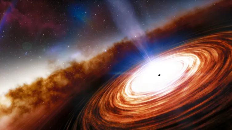 A vortex-like object in space with bright, white light shooting from its epicenter.