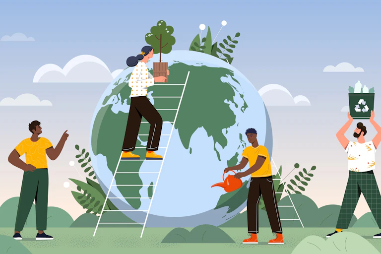 people fixing the planet, graphic with globe