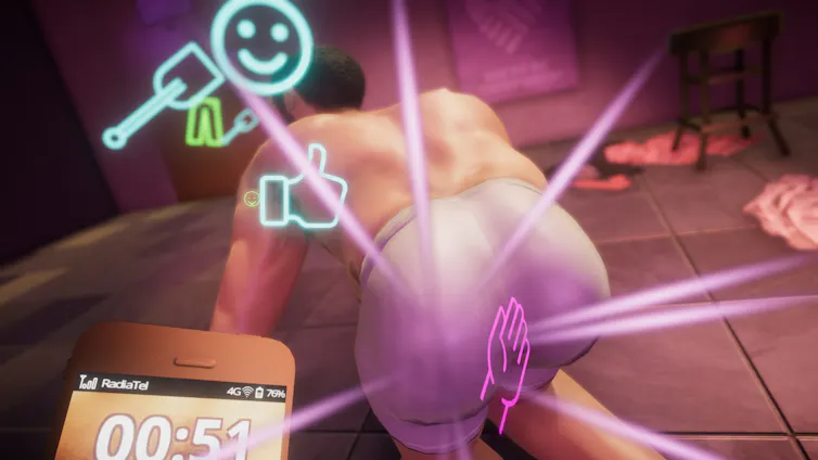 An animated man on his hands an knees. He is wearing white underwear. A pink outline of a hand is slapping his butt. Blue and green emojis indicate the man's feelings.