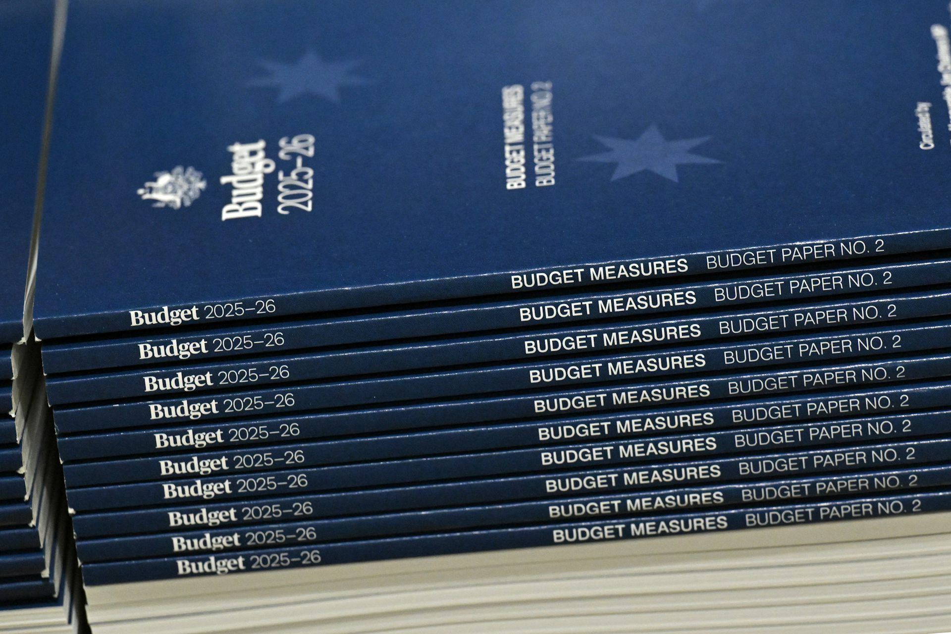 The 2025-2026 budget papers at a printing facility before being delivered to Parliament House in Canberra, March 2025.